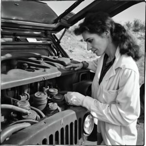 WOMAN CHECKING OIL אשה בודקת שמן ג'יפ AI GENERATE